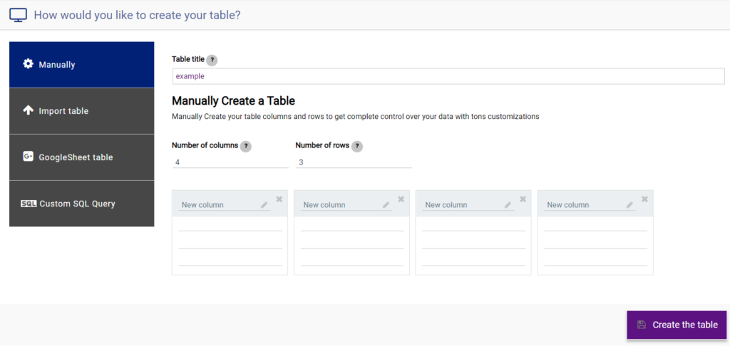 manually create data table