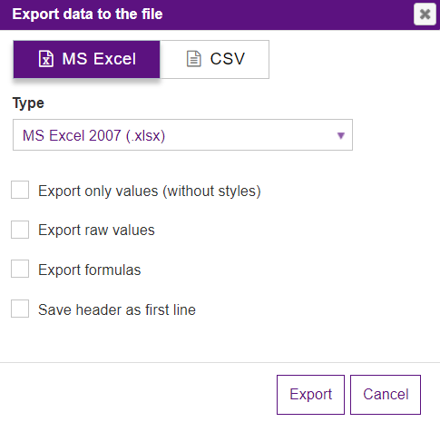 MS excel export