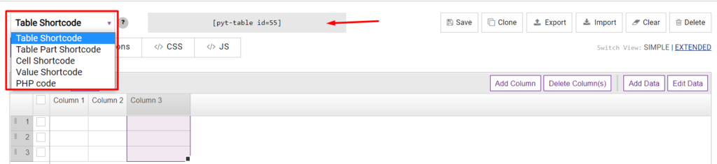 Table Shortcode