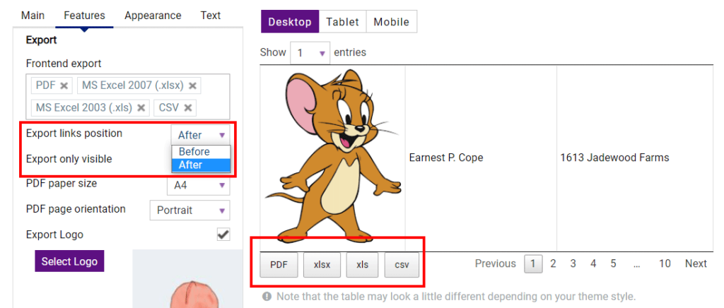 Export links position