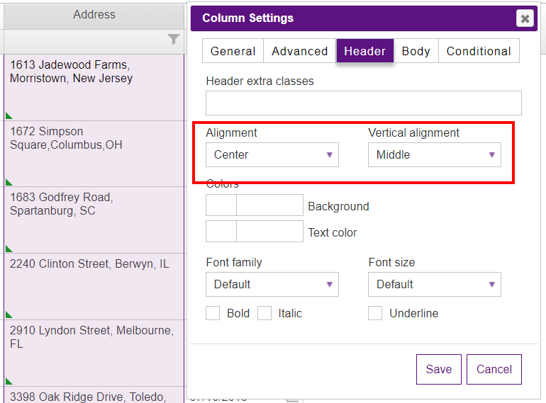 Header alignment